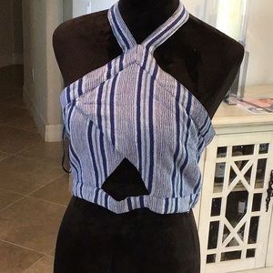 ROXY Jesse stripe halter, cropped, blue, size large, NWT